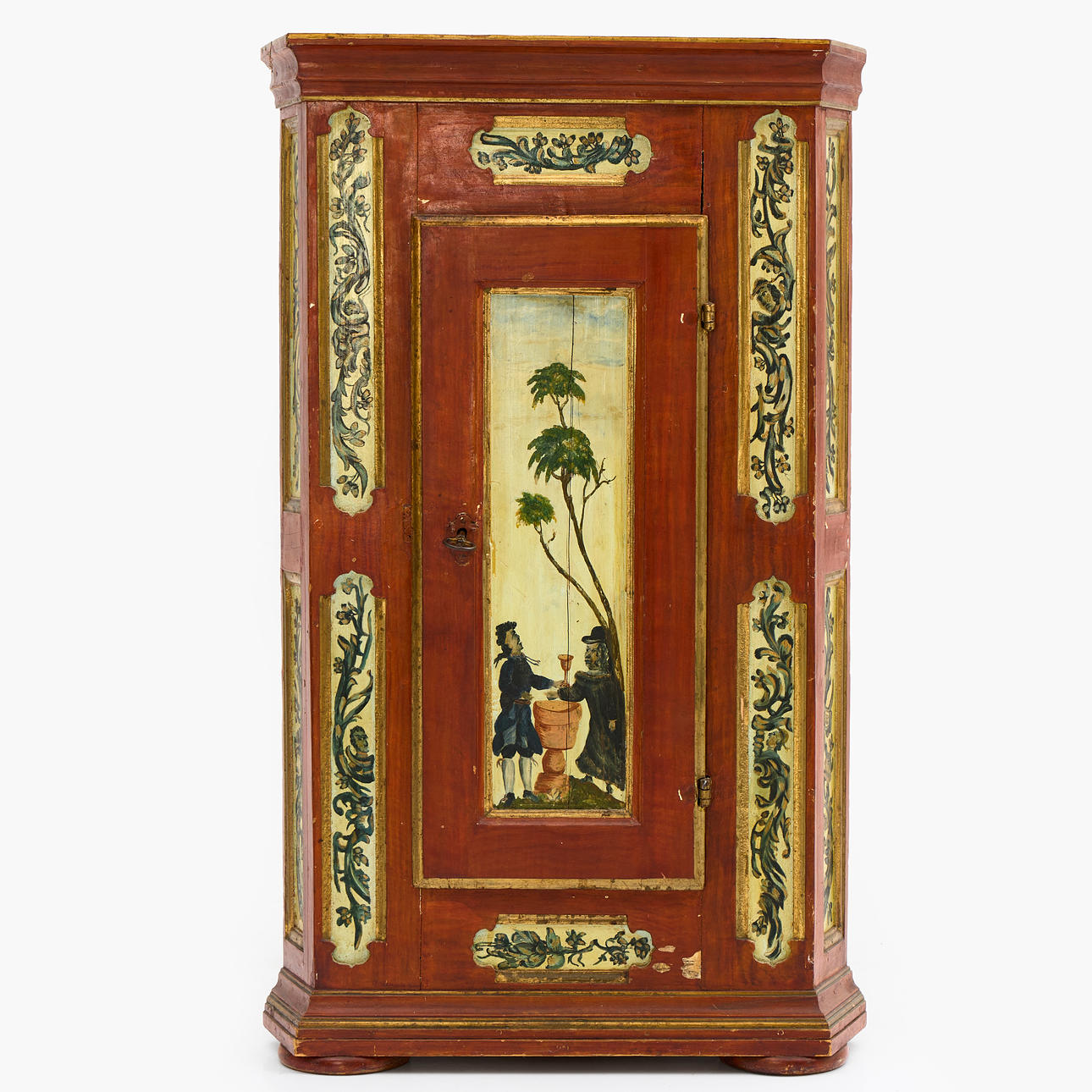 CORNER CABINET, folk art, dated 1780, polychrome painted, bronzed, door panel with pastoral motif.