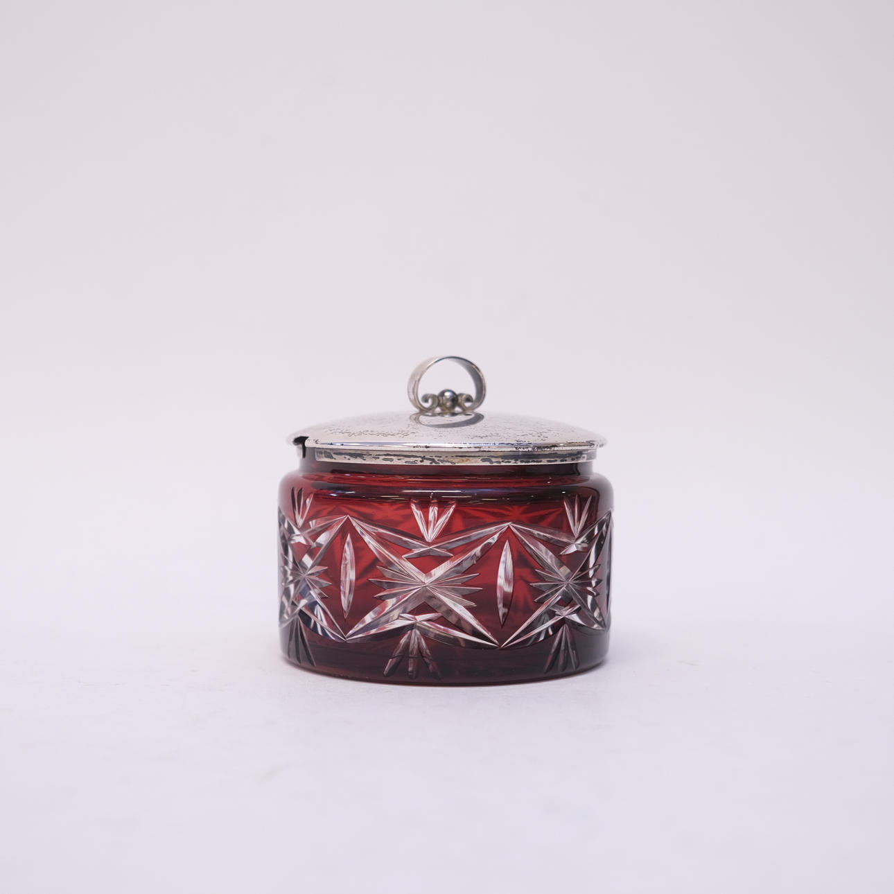 BOHEMIAN CRYSTAL TRINKET BOX WITH SILVER LID.