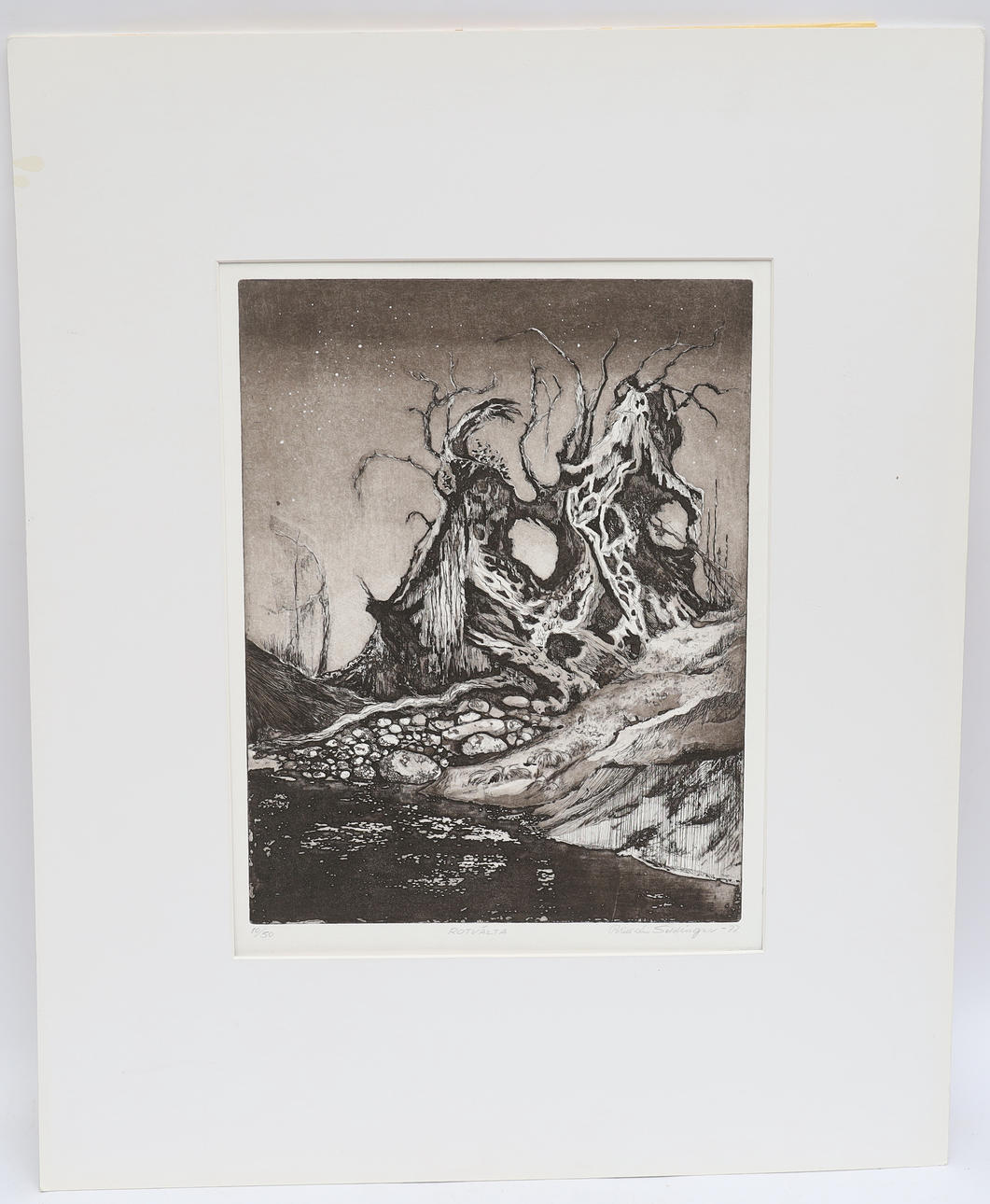 BRITT-LIZ SELDINGER. "Rotvälta" etching, signed and numbered, dated 77.