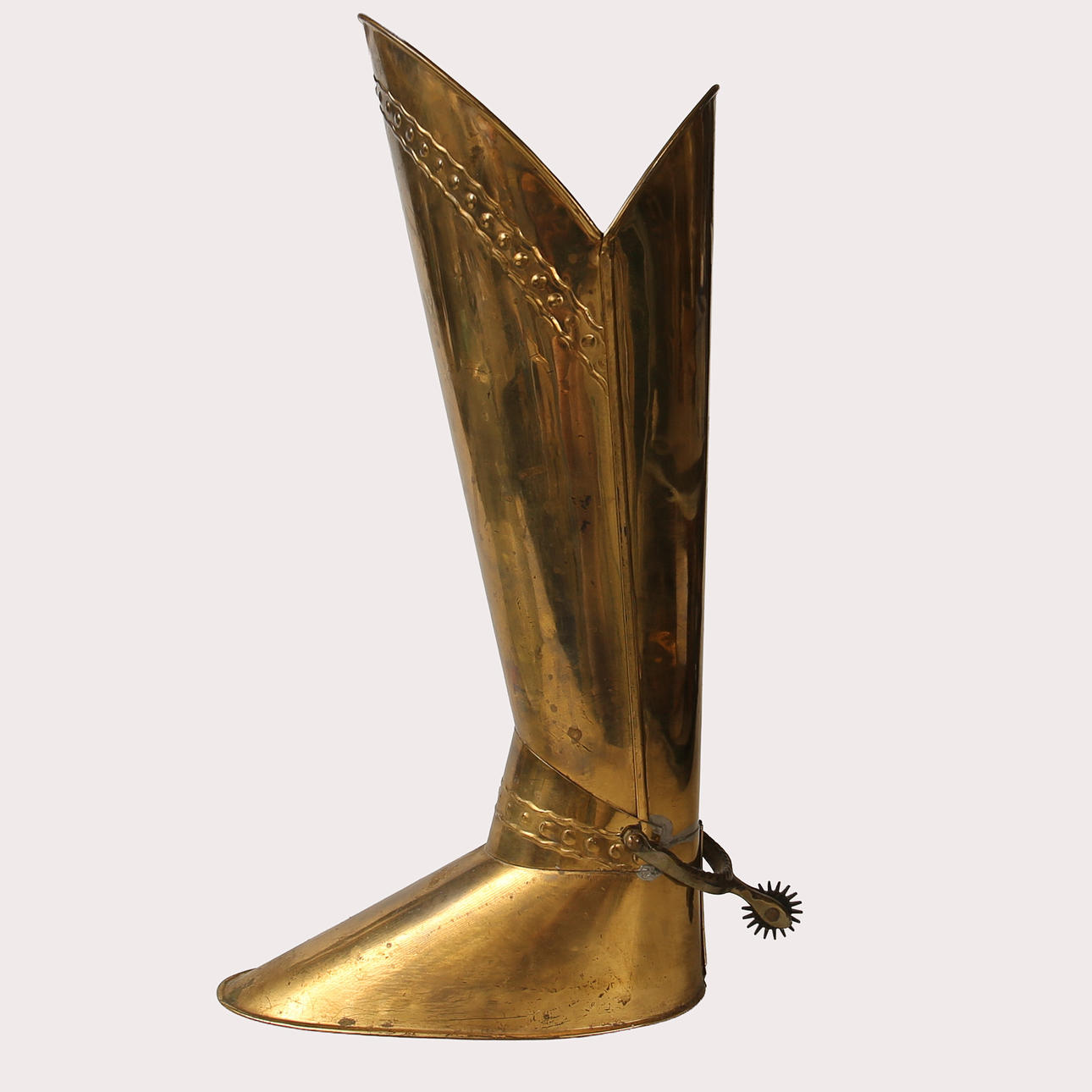 BOOT-SHAPED UMBRELLA STAND, BRASS.