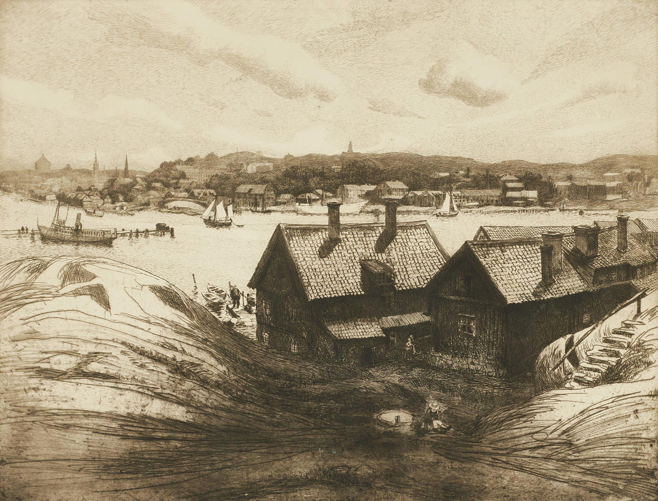OTTO HOLMSTRÖM, "Göteborgs hamninlopp", original etching.