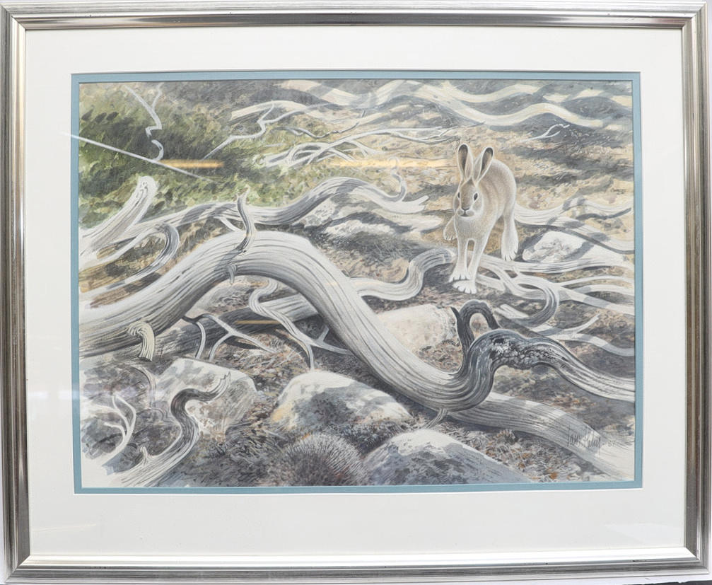 LARS HOLM. Nature scene with hare, watercolour, signed and dated 87.