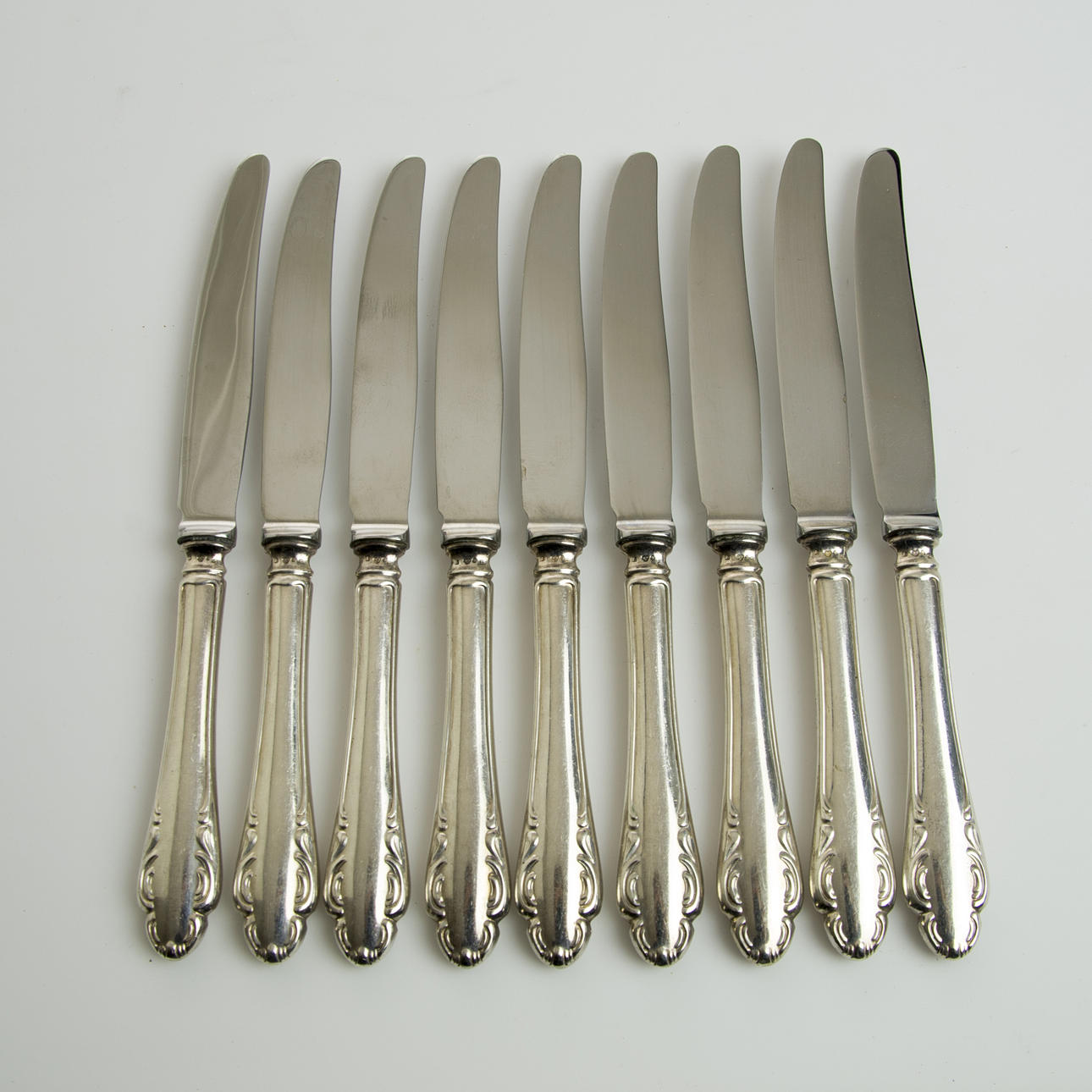 BESTICK, knivar, silver, 9 stycken, "Haga".