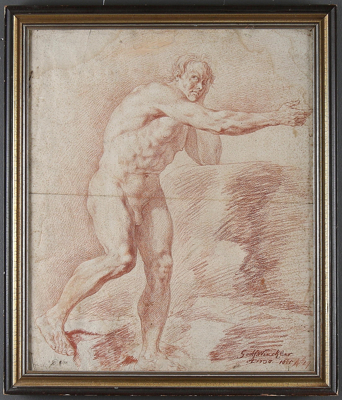 GEORG GOTTFRIED WINCKLER. TILLSKRIVEN. Man i pose, rödkrita på papper, signerad "Gottf: Winckler" samt märkt 1730.