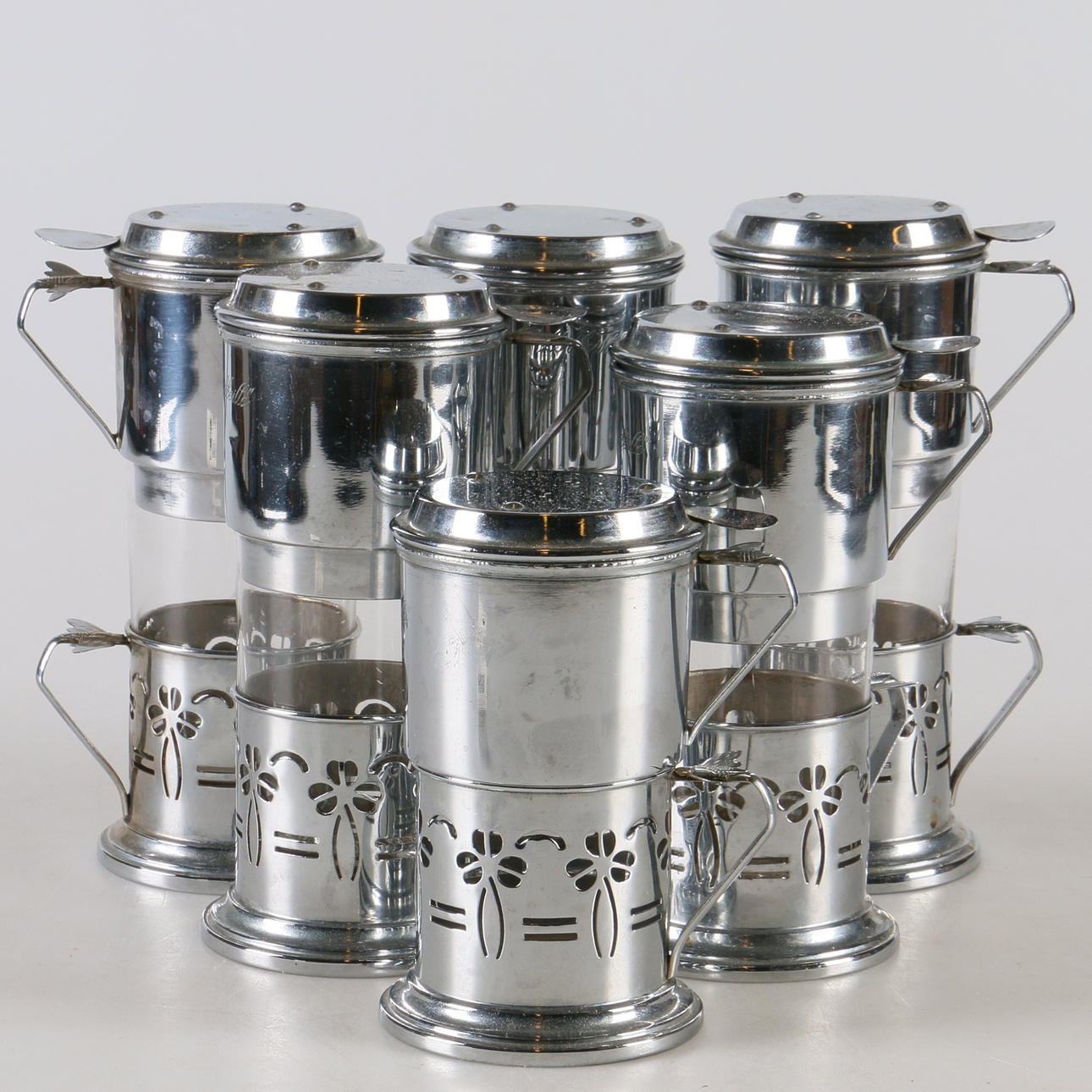 KAFFEGLAS, 6 st. Rostfritt stål samt glas, L`Abeille, 1900-tal.