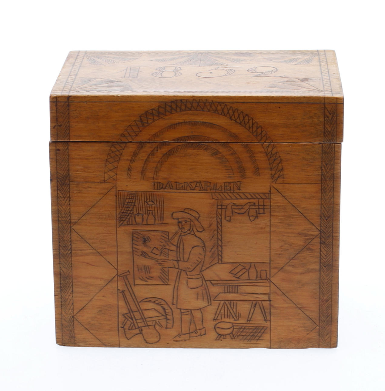 TOBAKSBURK, trä, daterad 1852.