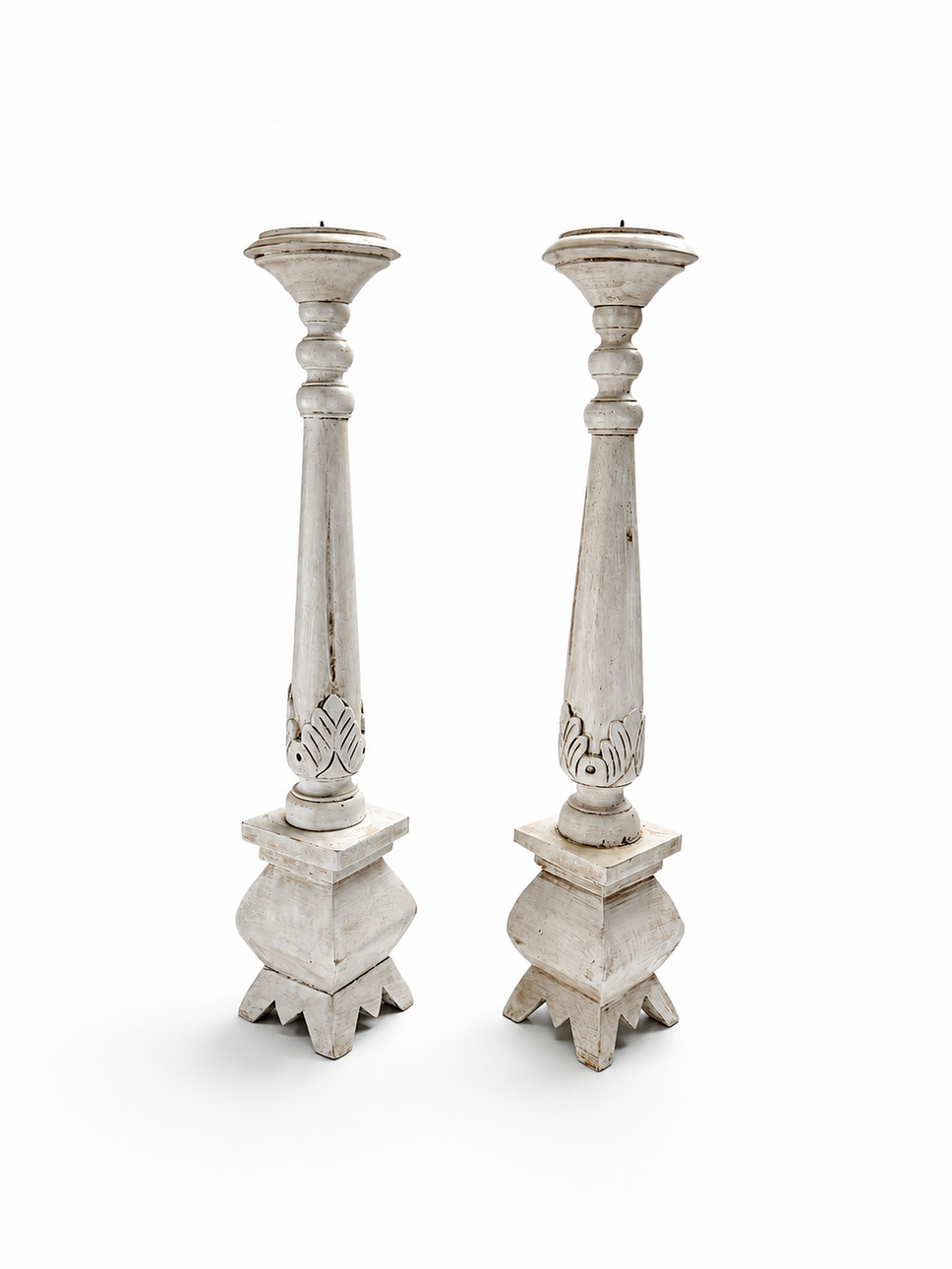 CANDLESTICKS, a pair, painted wood, for pillar candles.