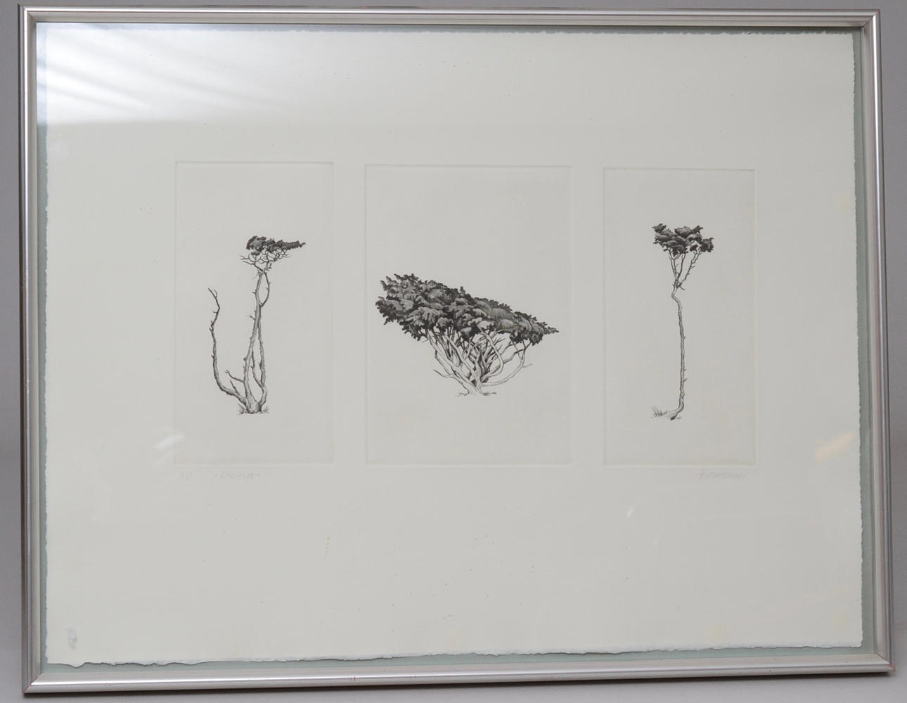 ÅKE JOHANSSON. "Enslingar", etsning, triptyk.