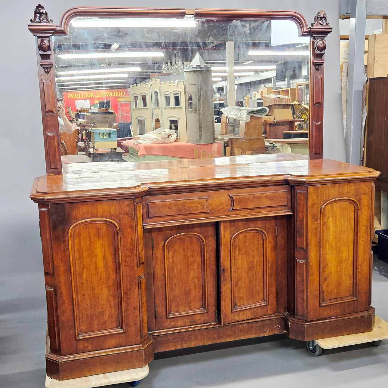 ANTIQUE MIRROR BACKED SIDEBOARD.