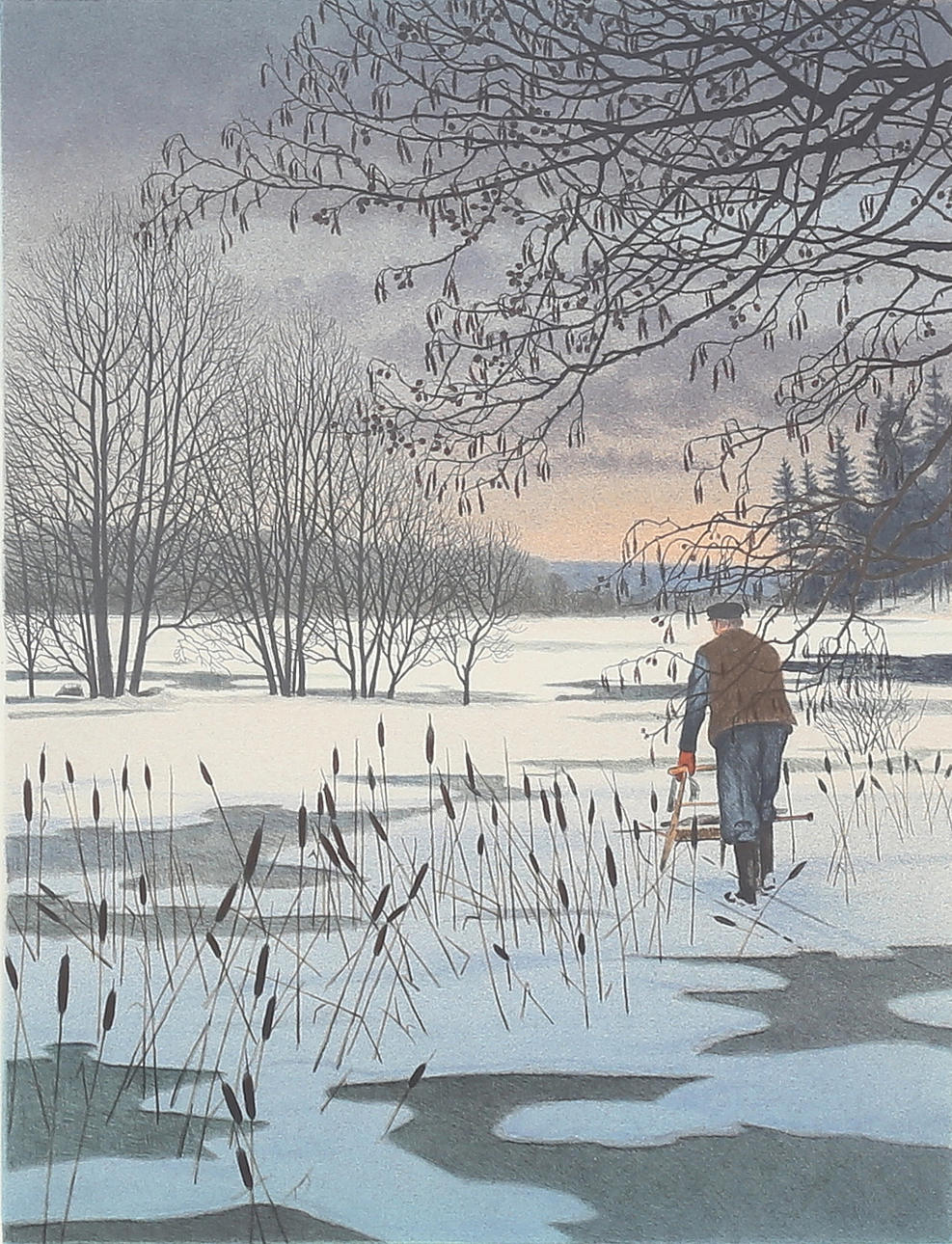 REINHOLD LJUNGGREN. "Vinterfiskare", colour lithograph, signed.