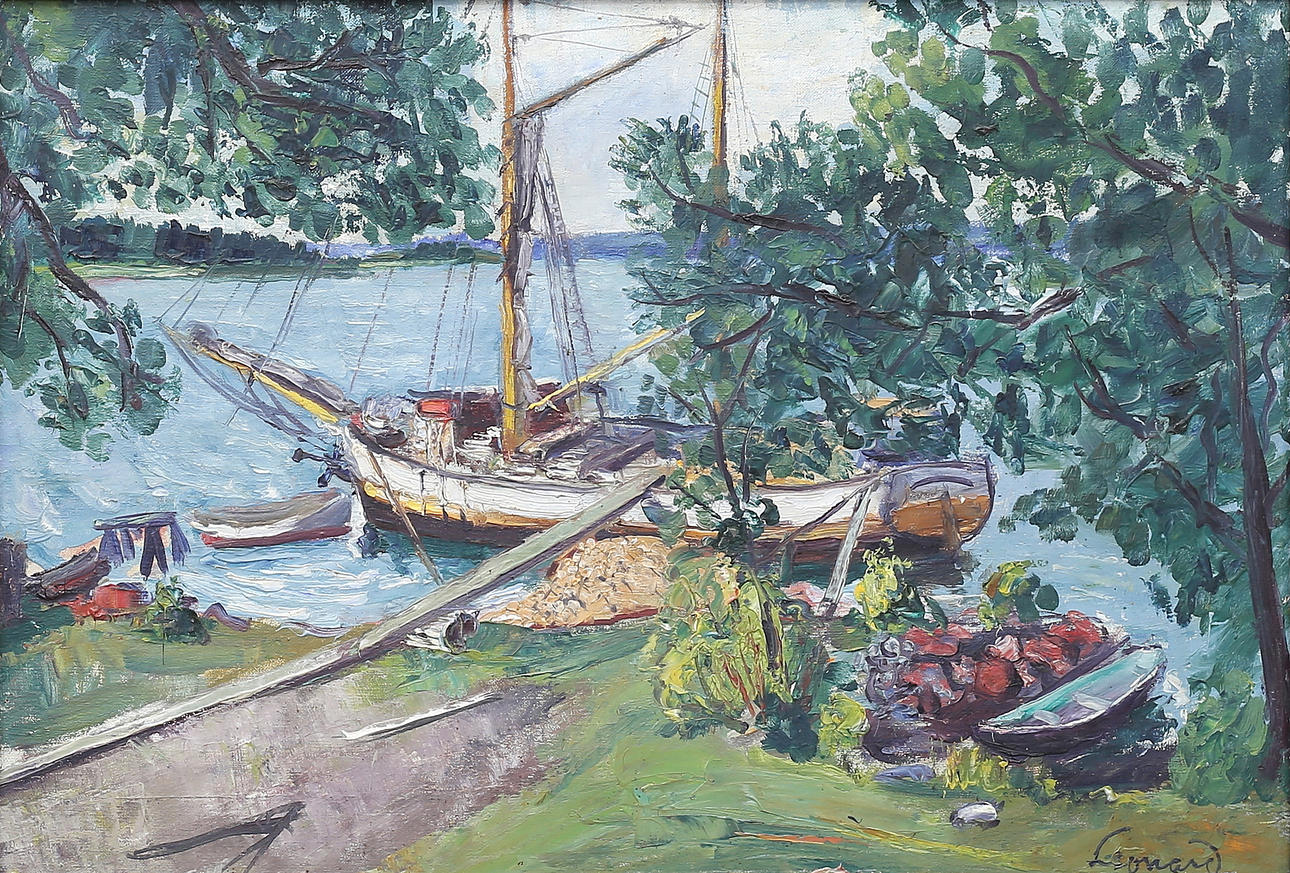 ERNST LEONARD. "Almvik", oil on canvas, signed.