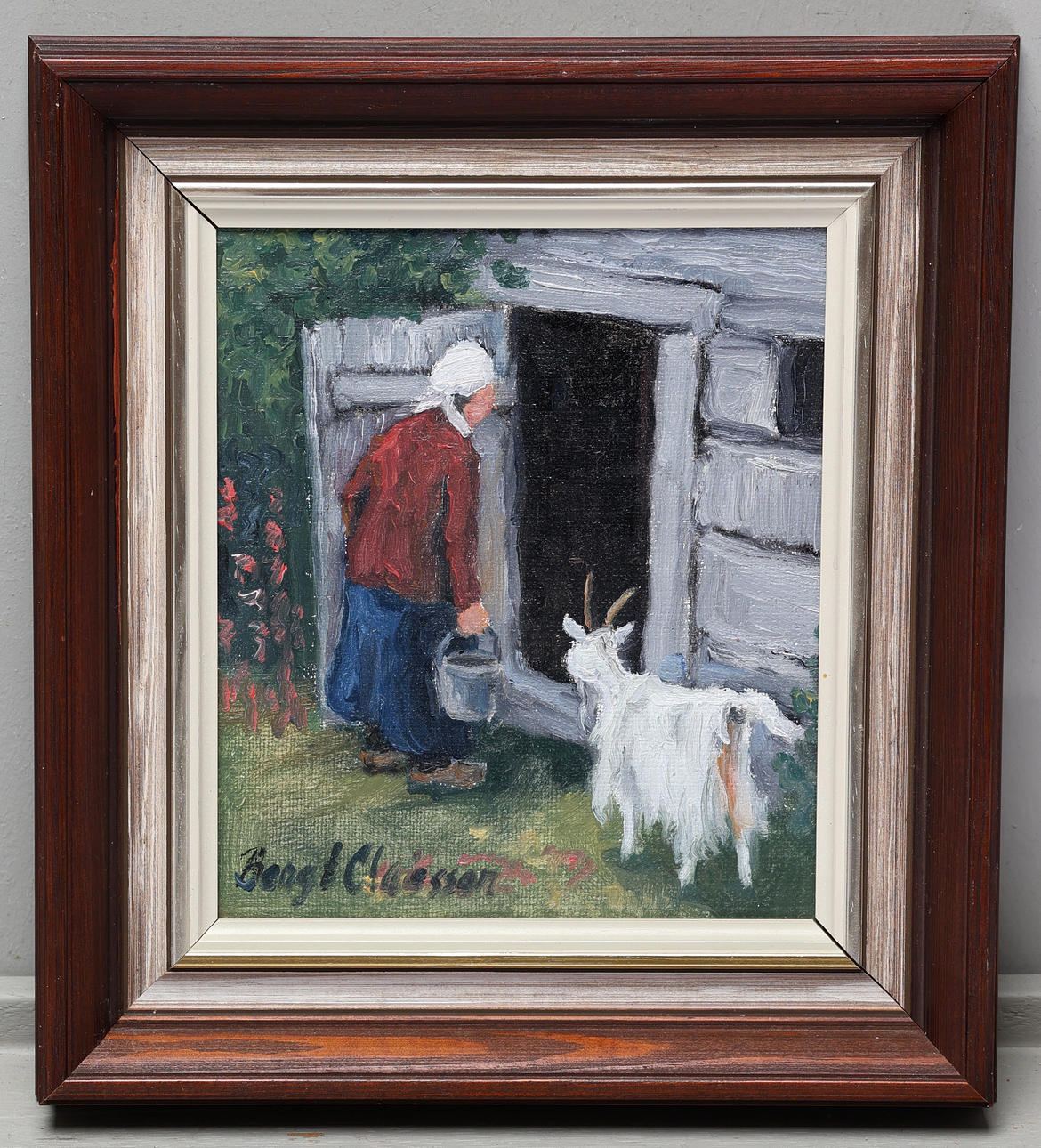 BENGT CLAESSON. Oil on panel, "Gumma med get", signed, dated 1991.