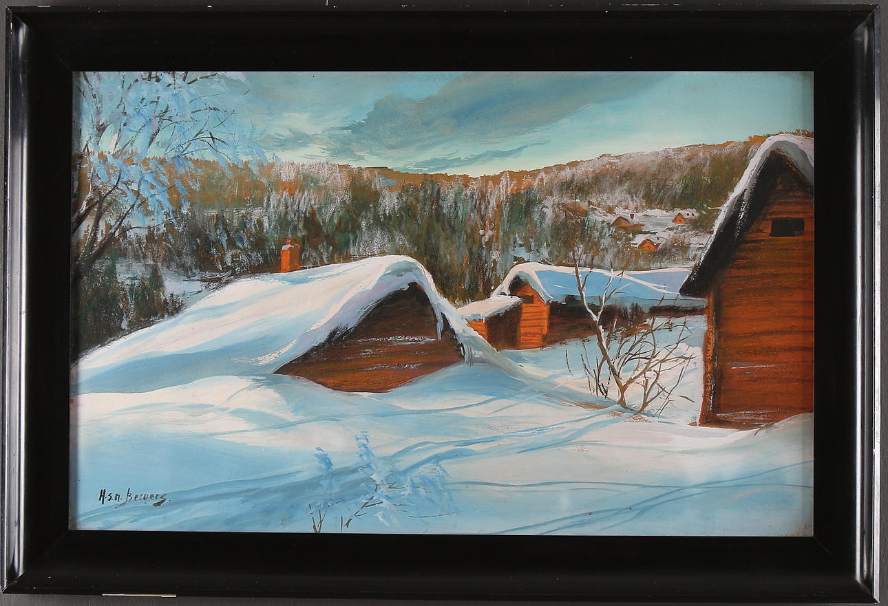OIDENTIFIERAD KONSTNÄR. Hus i vinterlandskap, gouache, signerad "H.s.n. Berners".