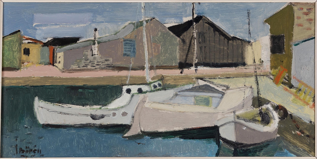 JOHN BÖRÉN. Oil on panel, harbour scene, signed.