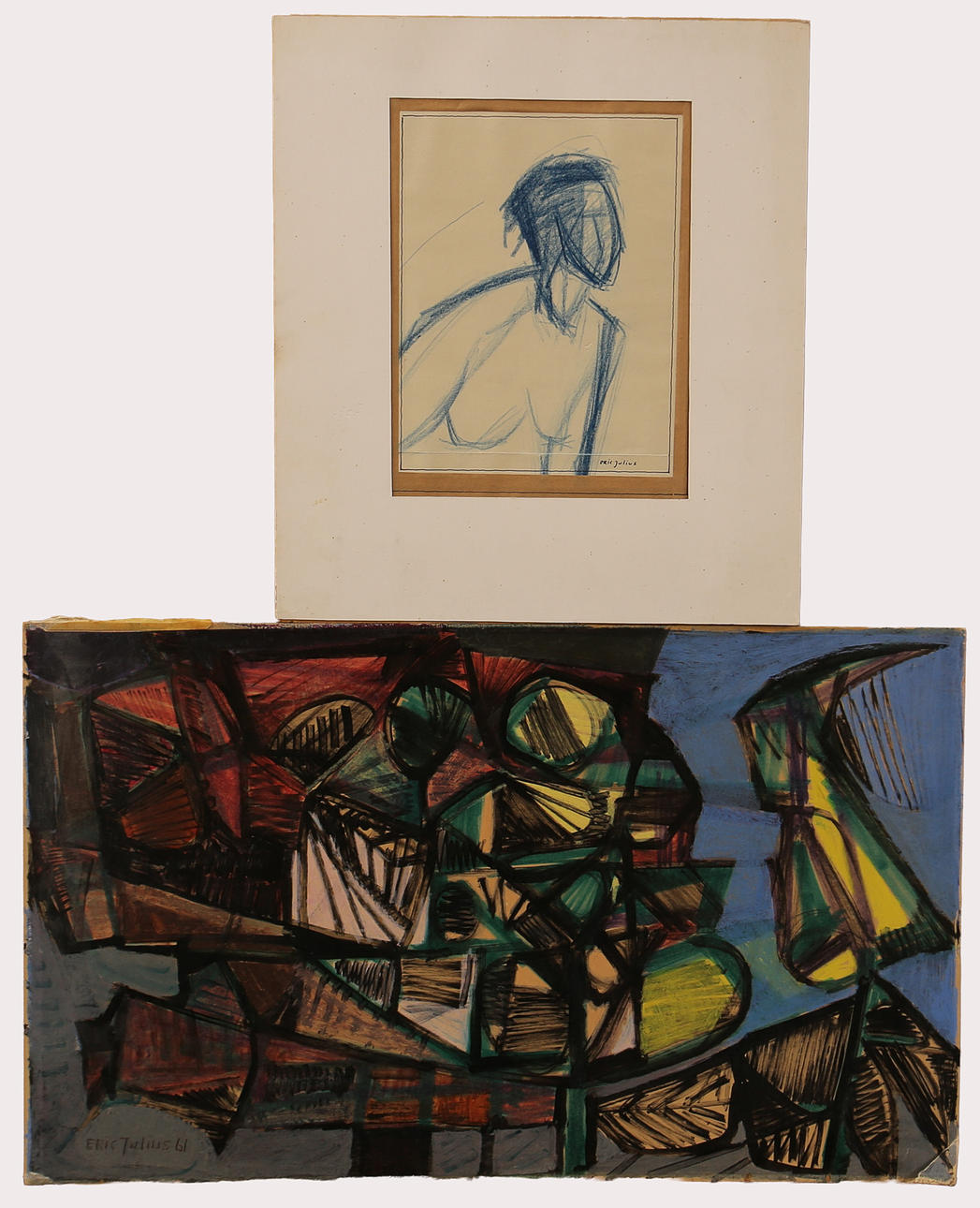 ERIK JULIUS. Mixed media & crayon, female portrait & composition, signed, dated 1961.