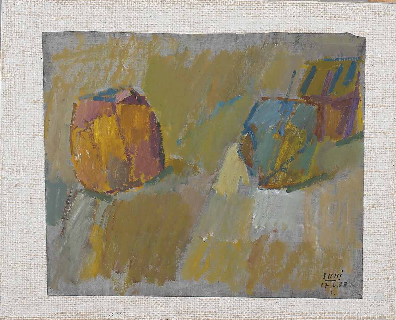 JUHO SUNI. Stilleben, olja uppklistrad på pannå, signerad samt daterad 27/6 -88.