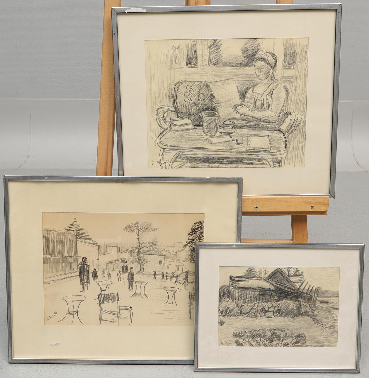 GUSTAF SJÖÖ. Drawings, 3 pcs, interior & exterior, signed.