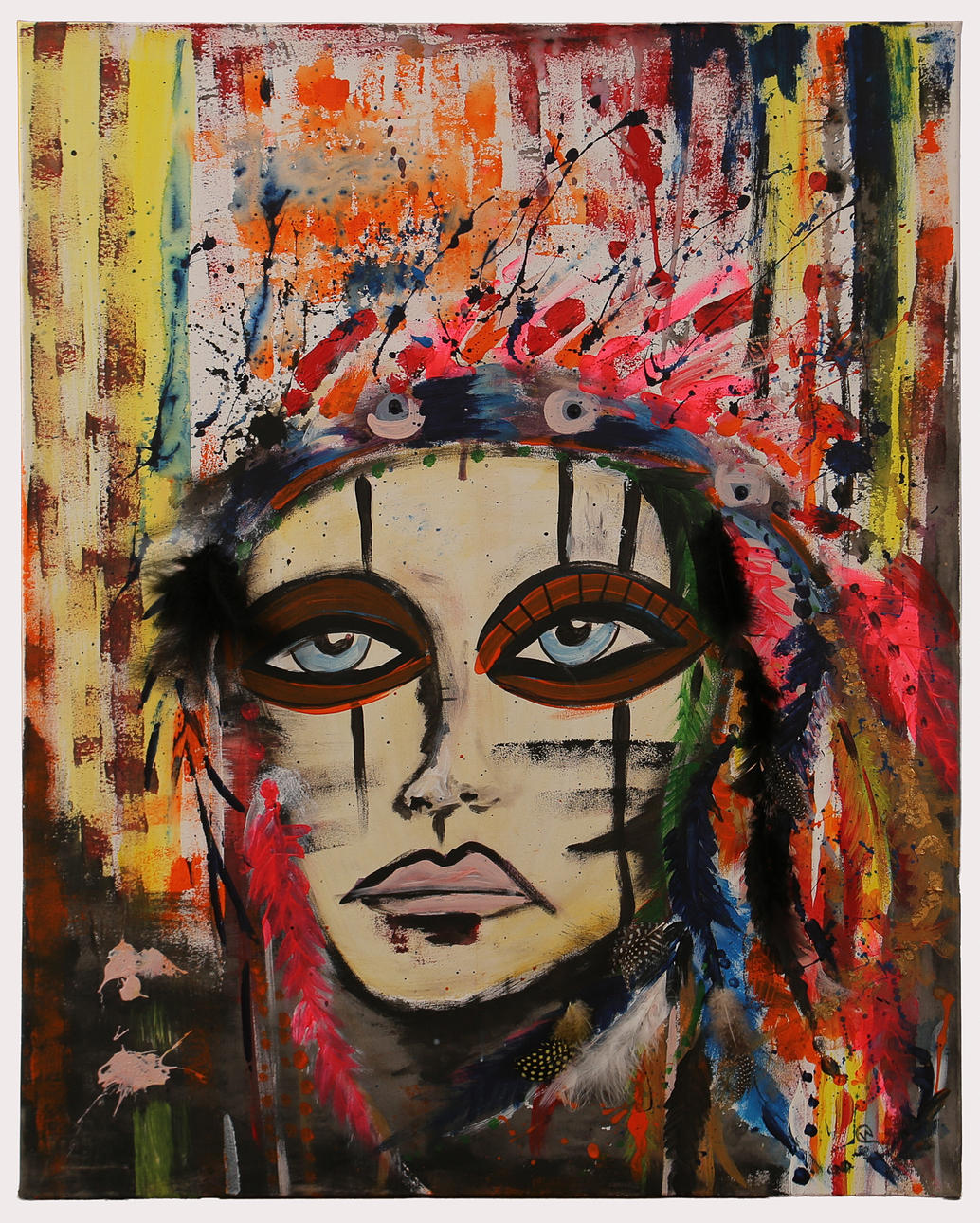 OIDENTIFIERAD KONSTNÄR. Mixed media, female face with feathers, signed.
