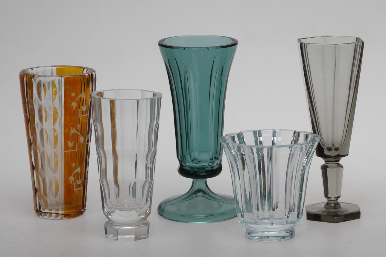 VASER, 5 st, glas, bla. Orrefors 1900-tal.