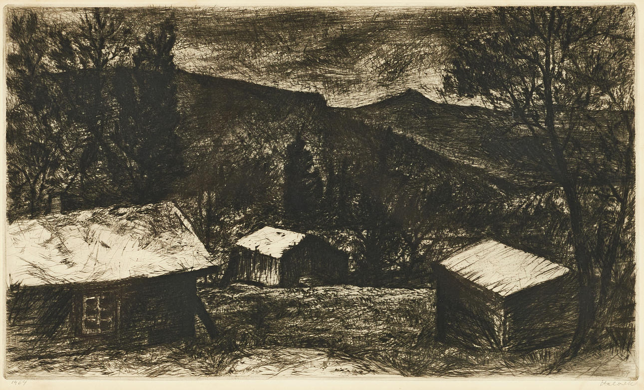 HERMAN TALVIK (ESTLAND/SVERIGE, 1906-1984). Fjällandskap med stugor, signerad, daterad 1964, etsning