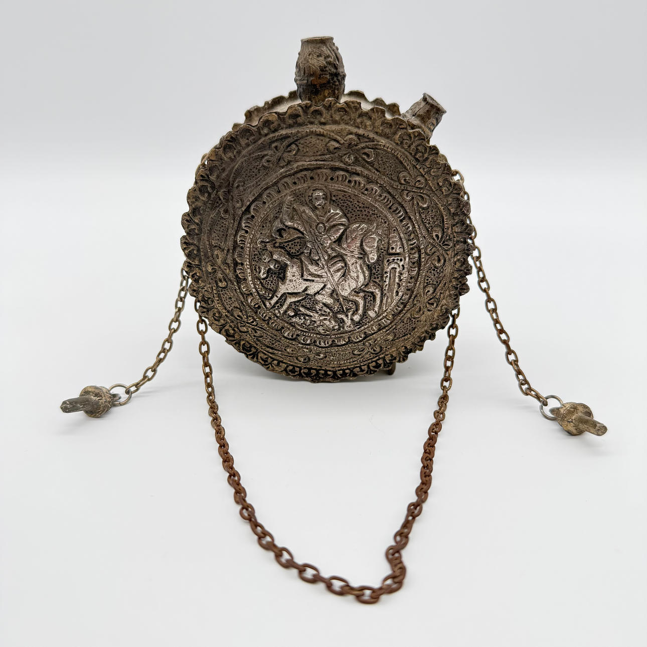 ANTIK KRUTFLASKA, SVARTKRUTBEHÅLLARE, METALL, RELIEF, GREKLAND, 1800-TAL