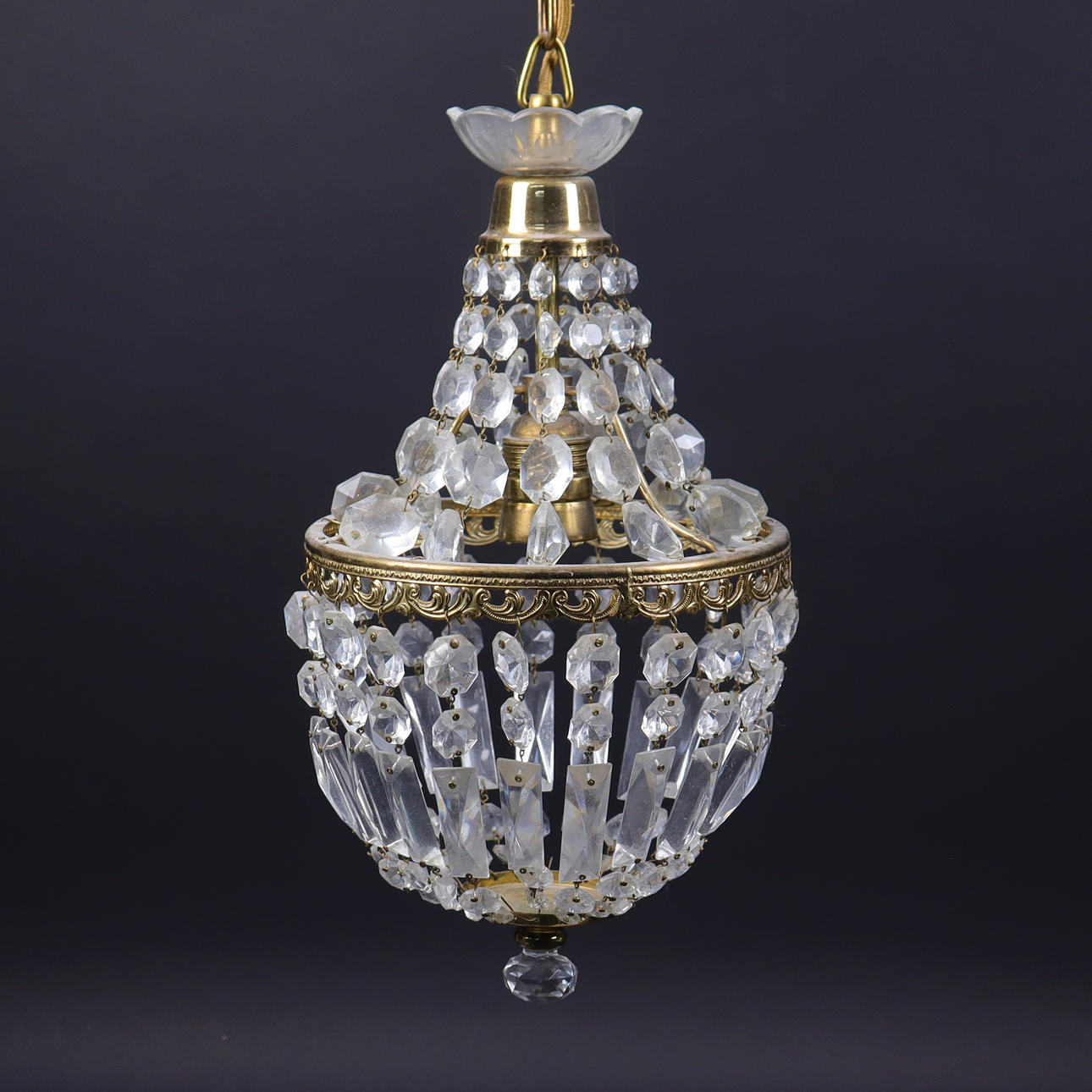 CEILING LAMP, brass and crystals, mid-20th century.