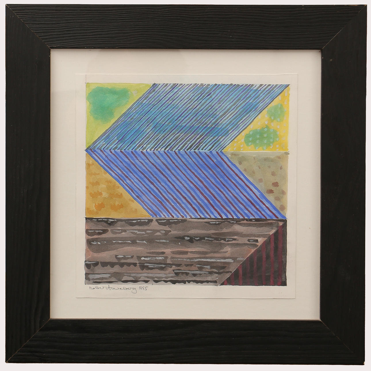 ROBERT WEBERG. watercolour, composition yellow, green, violet, signed Robert Weberg. Dated 95.