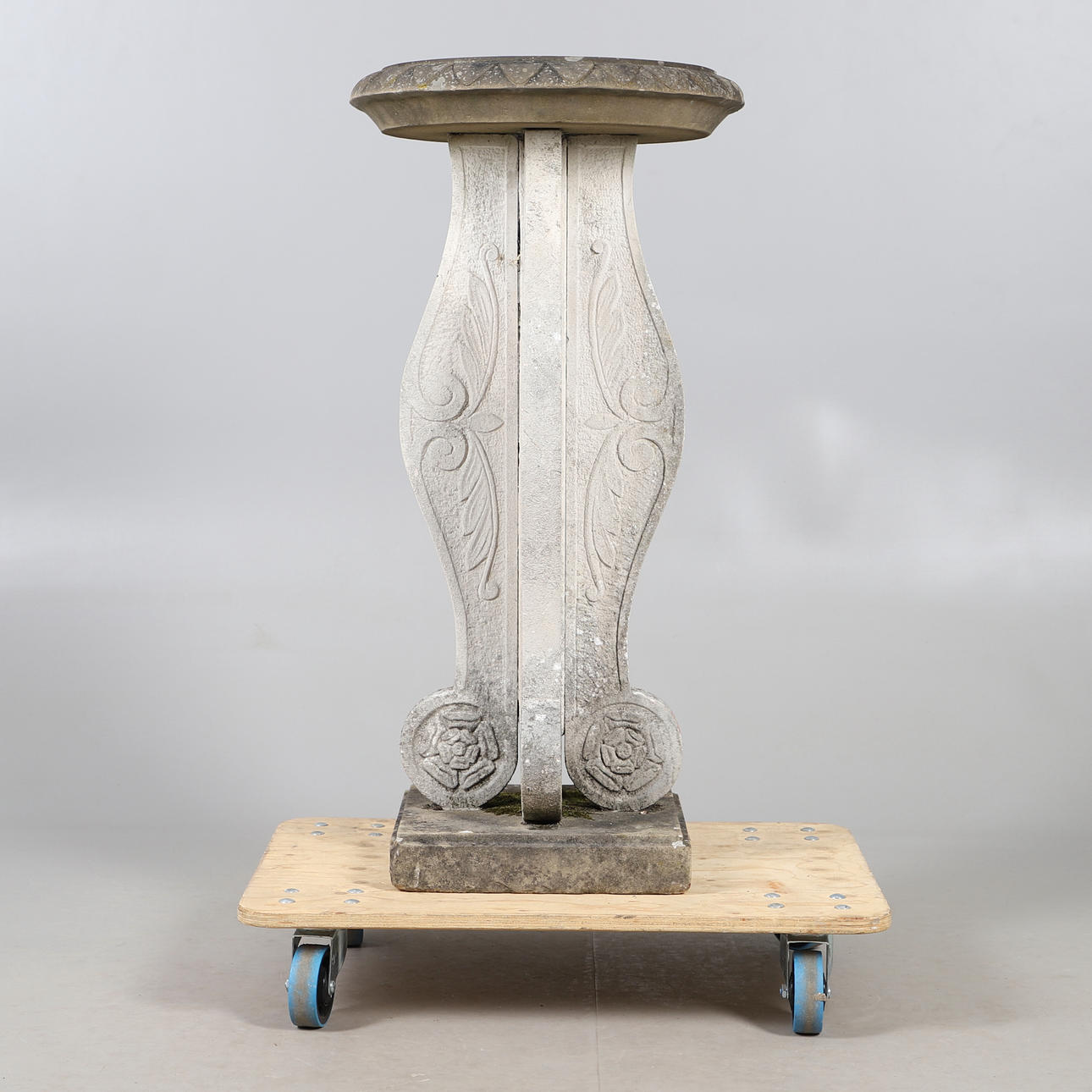CARVED STONE TALL BIRDBATH.