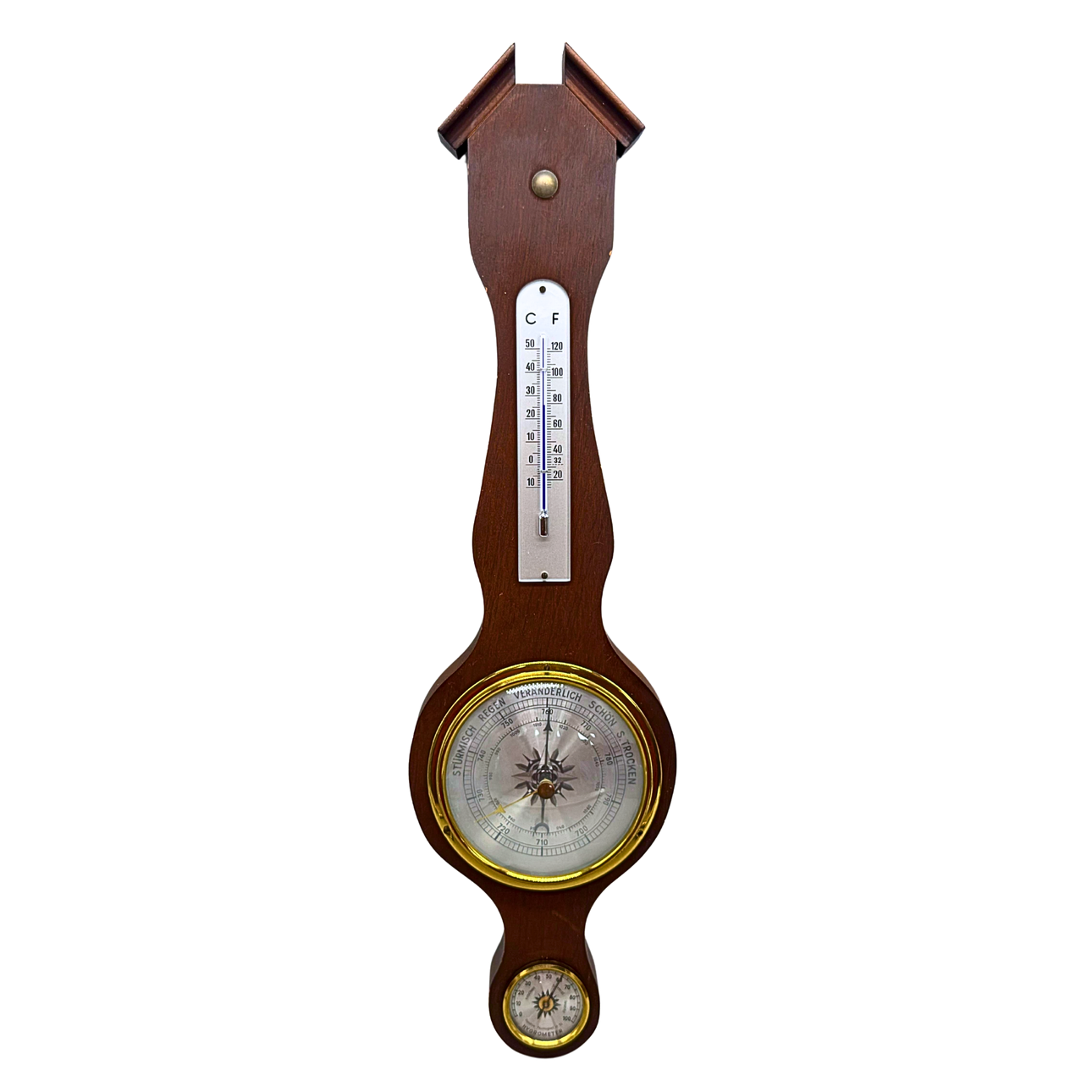 VÄDERSTATION I TRÄ I SHERATONSTIL MED TERMOMETER, BAROMETER OCH HYGROMETER