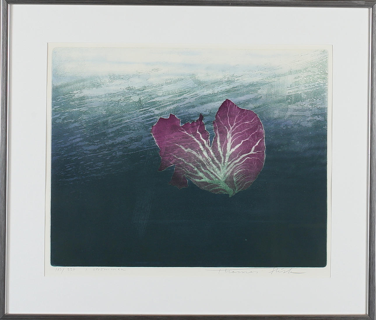 THOMAS FRISK. "I Strömmen", färglitografi, signerad .