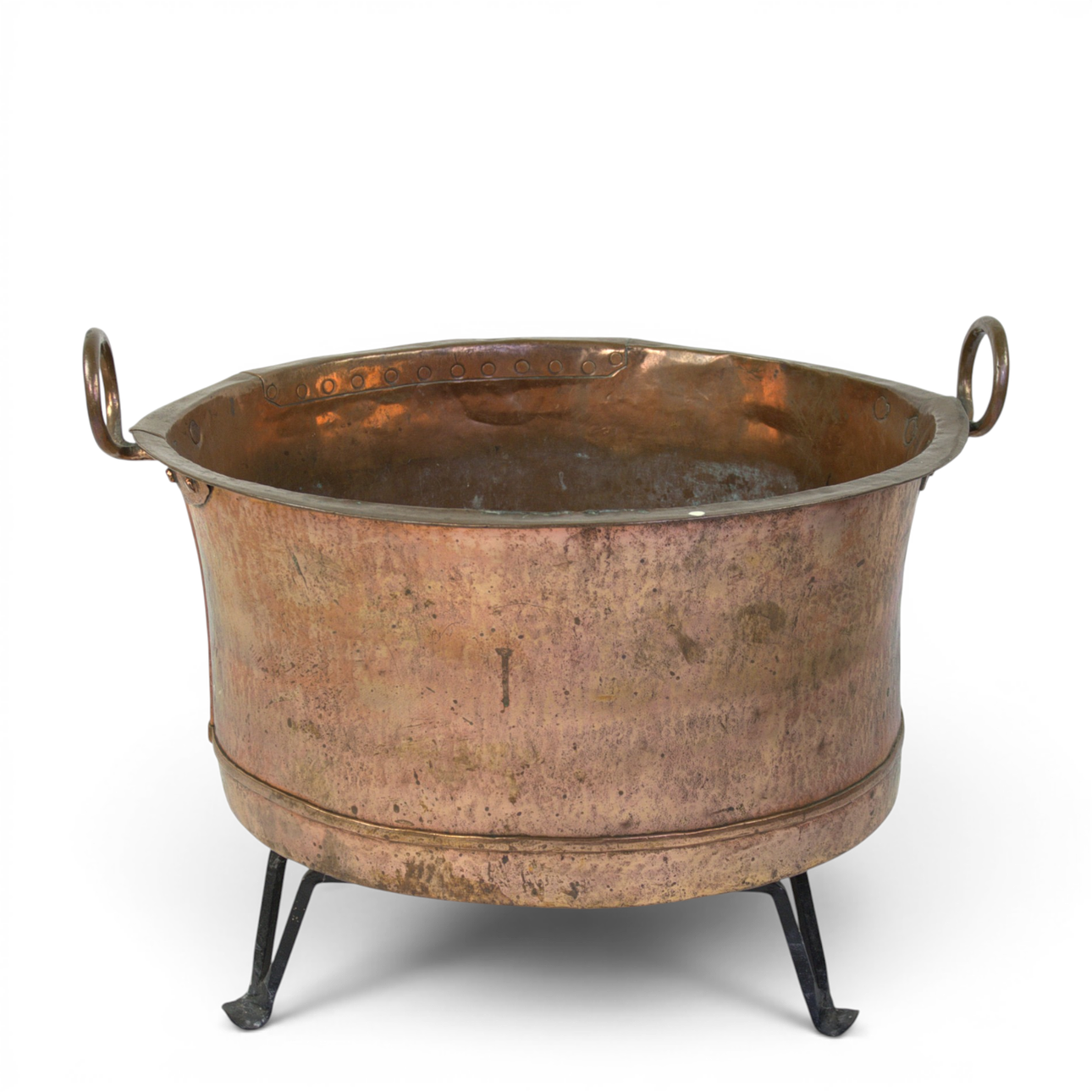 COPPER CAULDRON on stand, 20th century.