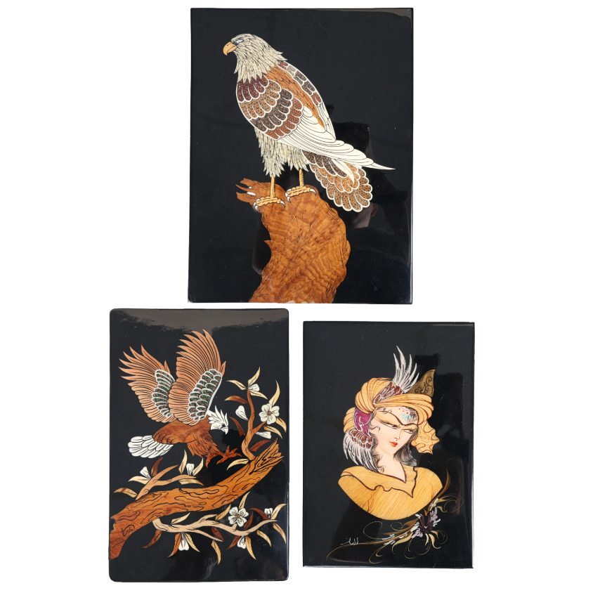 3 PERSIAN MOARAGH KARI MARQUETRY PANELS.