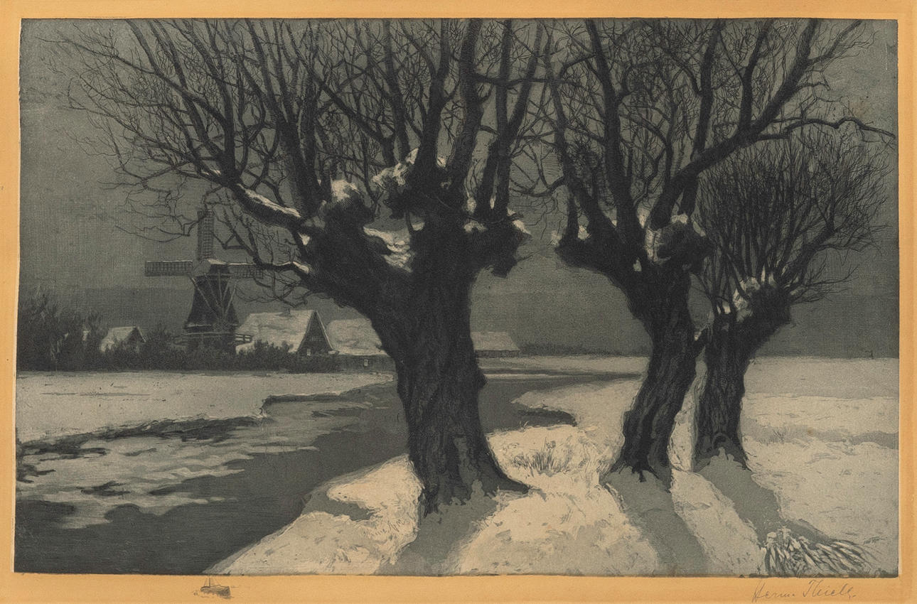 HERMANN THIELE. Trees in winter landscape with windmill, color etching, signed.