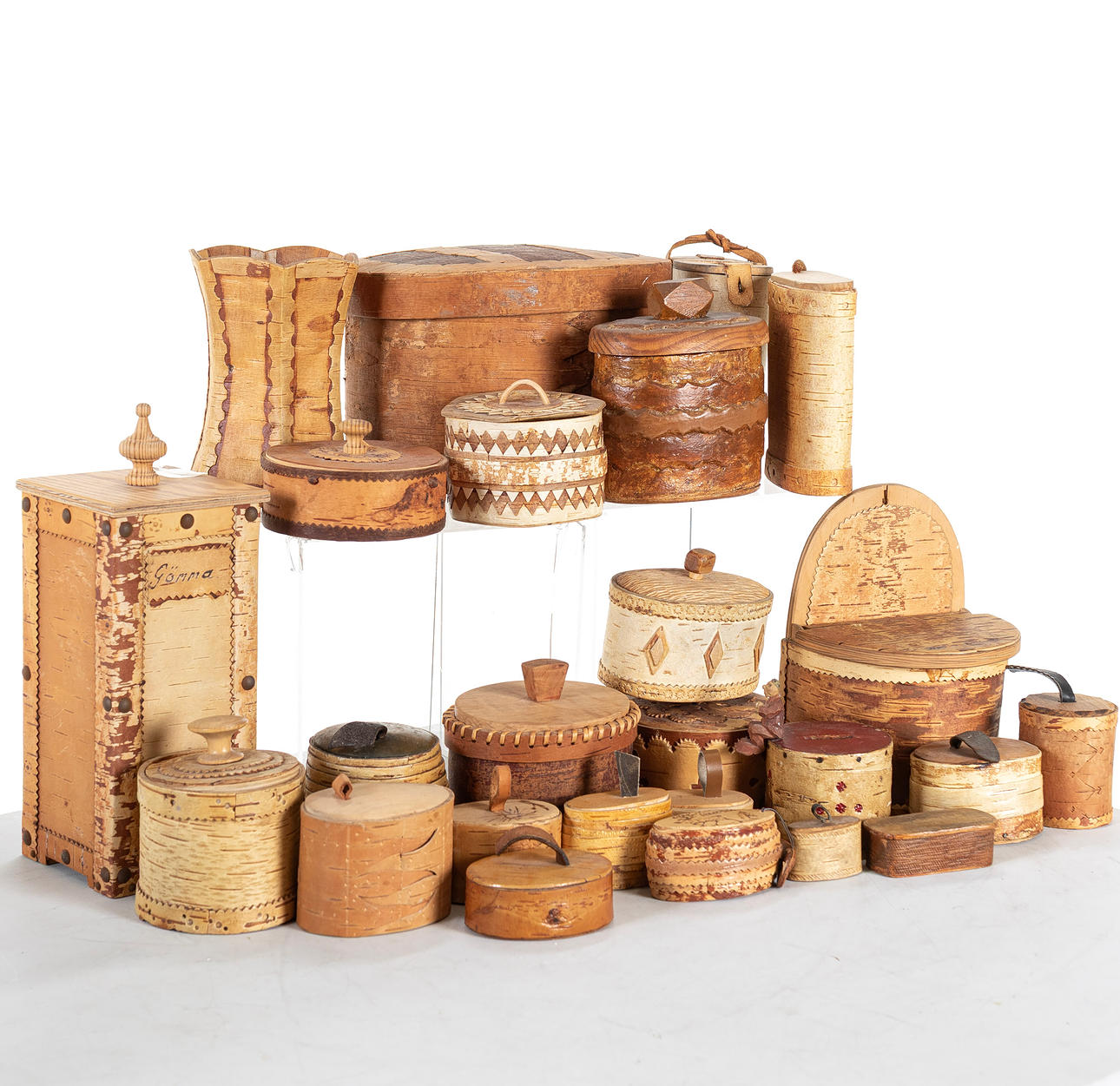 BIRCH BARK OBJECTS, a lot including boxes, vases etc.