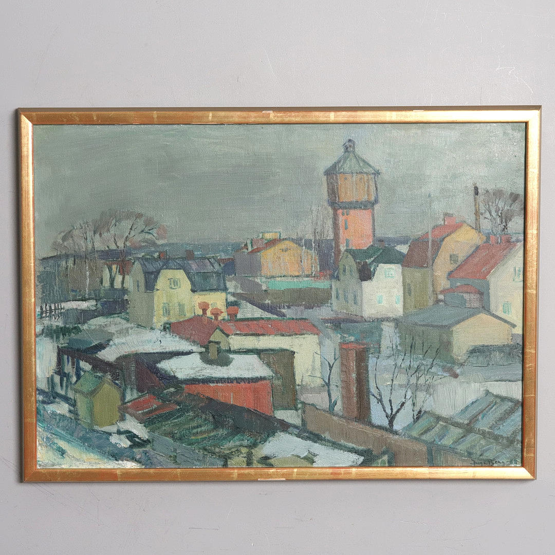 INGA BERG. OIL ON CANVAS, "Cityscape from the north", signed, dated.