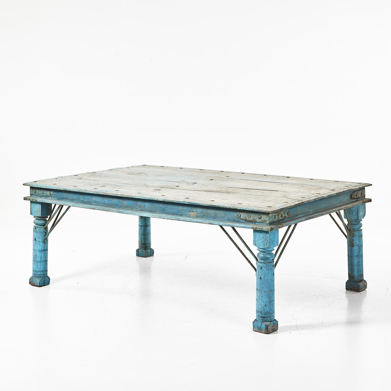 COFFEE TABLE, taller model, Indian, rustic style, painted in light blue.