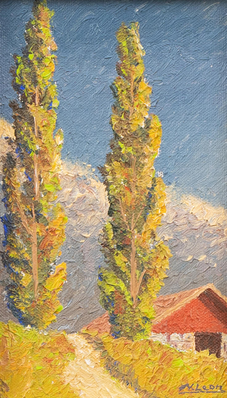 OIDENTIFIERAD KONSTNÄR. Trees in alpine landscape, oil on panel, indistinctly signed K Leon.