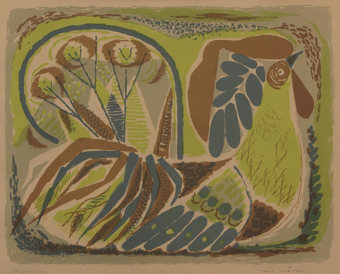NILS MÖLLER. Rooster, lithograph, signed.