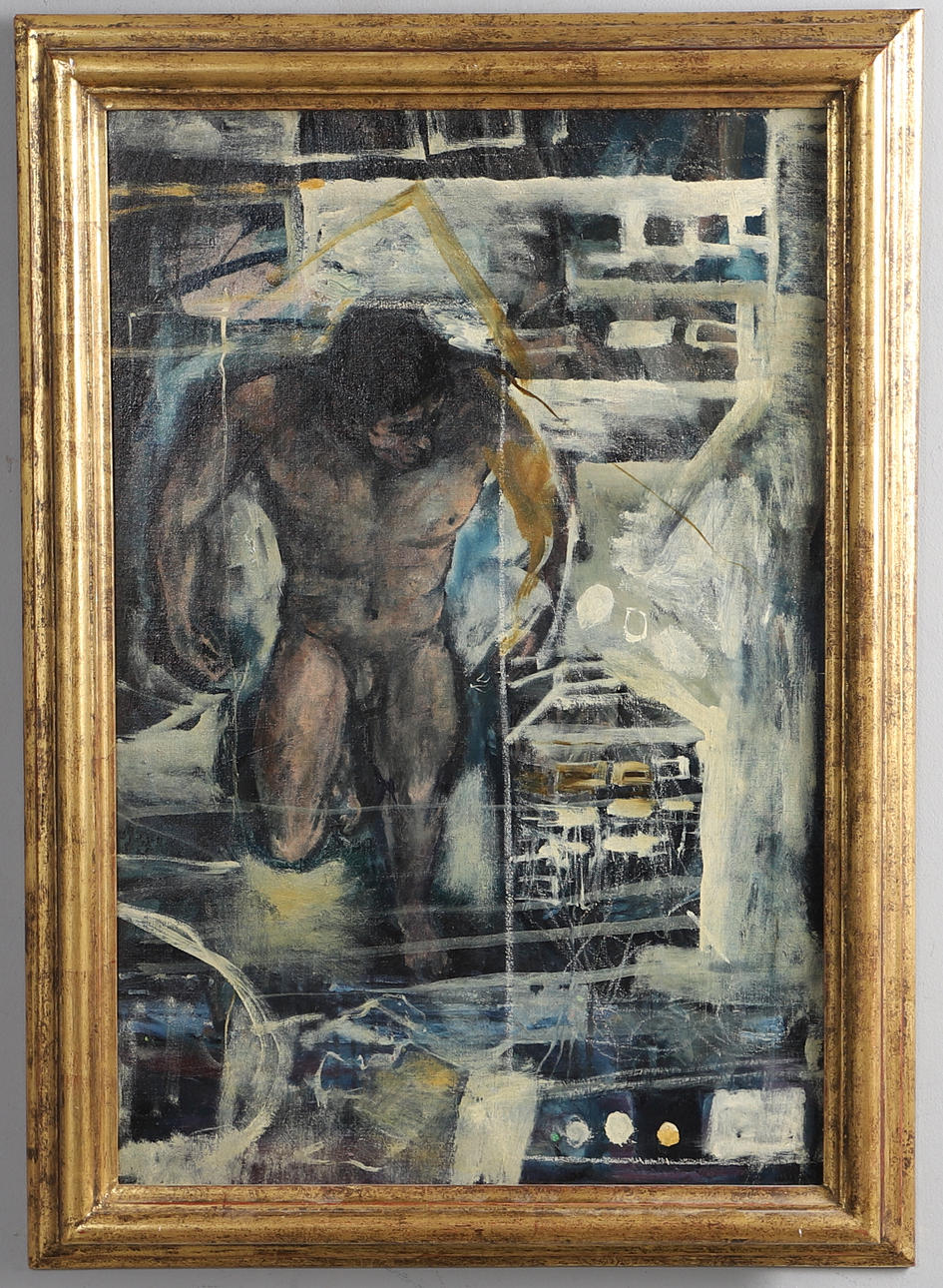 ATTRIBUTED TO JOHN MINTON (1917-1957). STANDING MALE NUDE WITHIN AN ABSTRACT COMPOSITION.