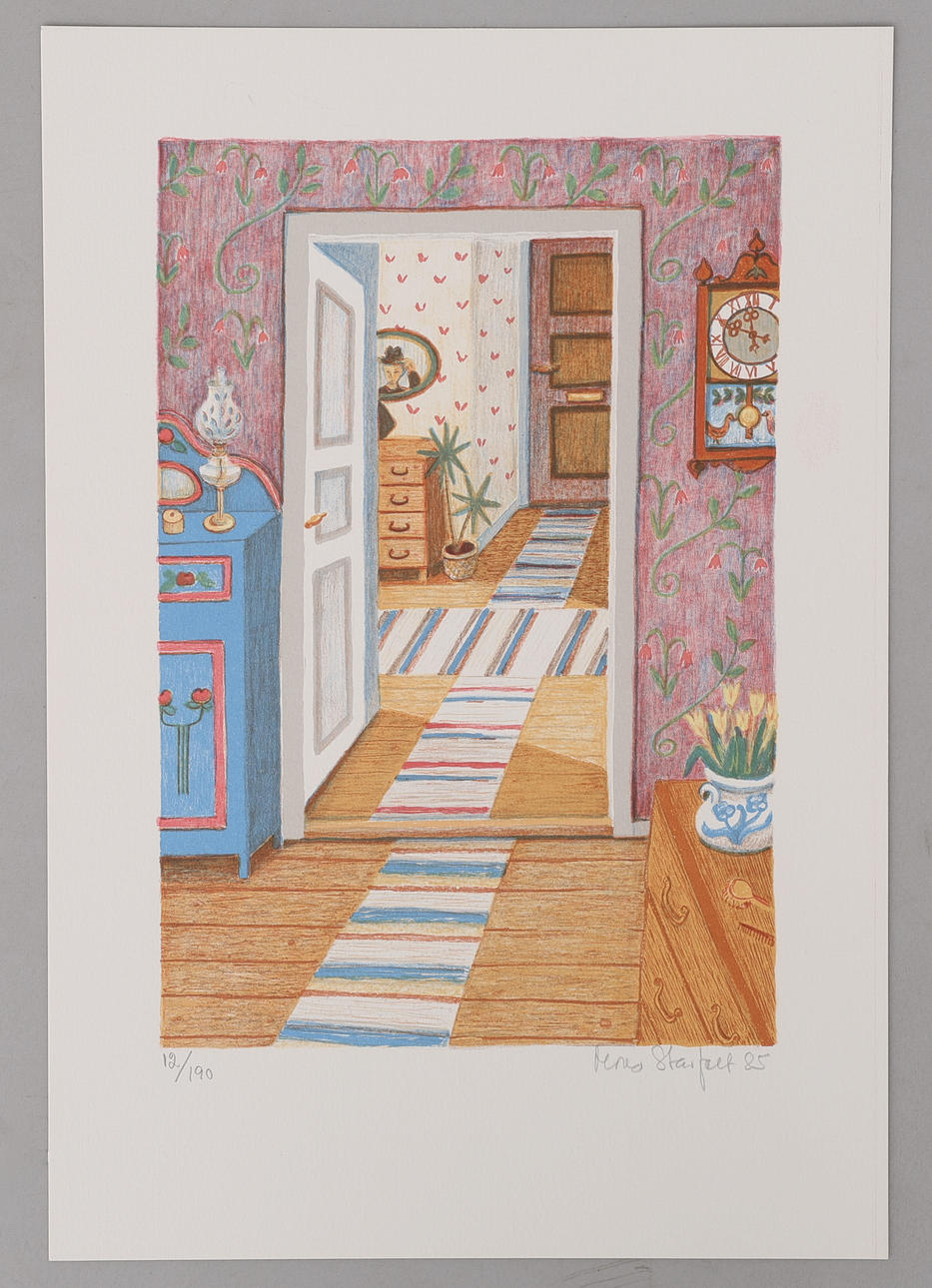 MONA STARFELT. INTERIOR, LITHOGRAPH, SIGNED AND DATED 85.