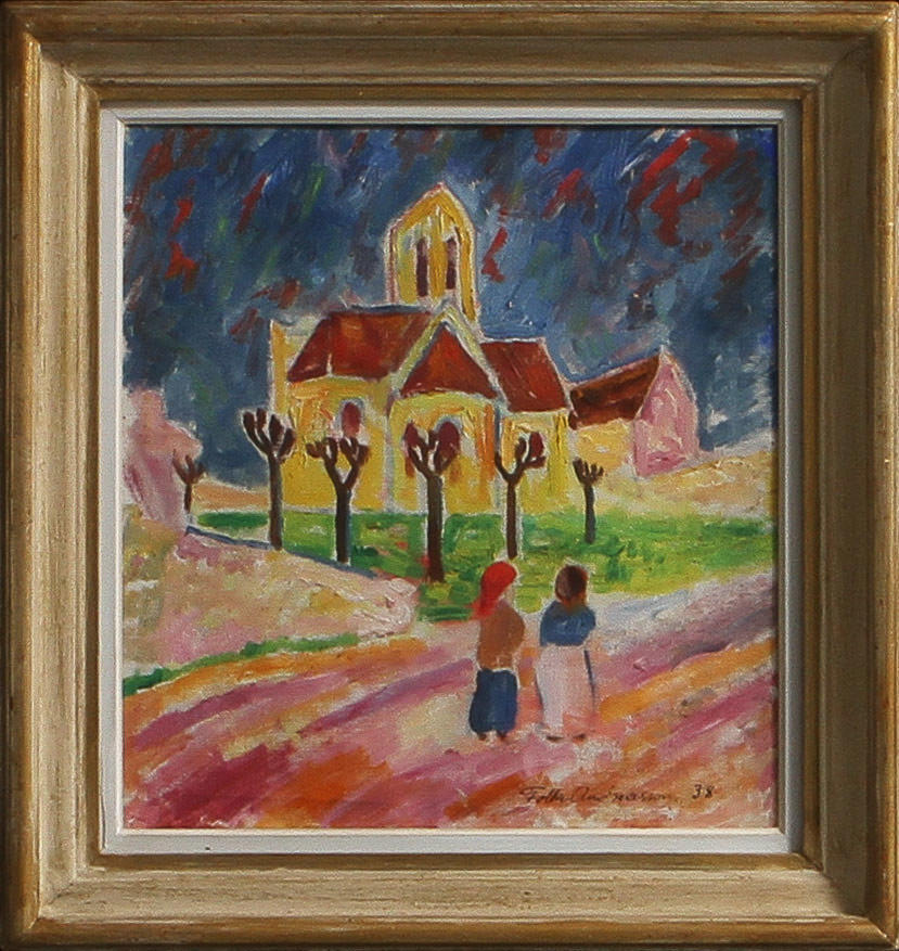 FOLKE ANDRÉASSON (1902-1948). Figurer vid kyrka. Olja på duk, stämpelsignerad.