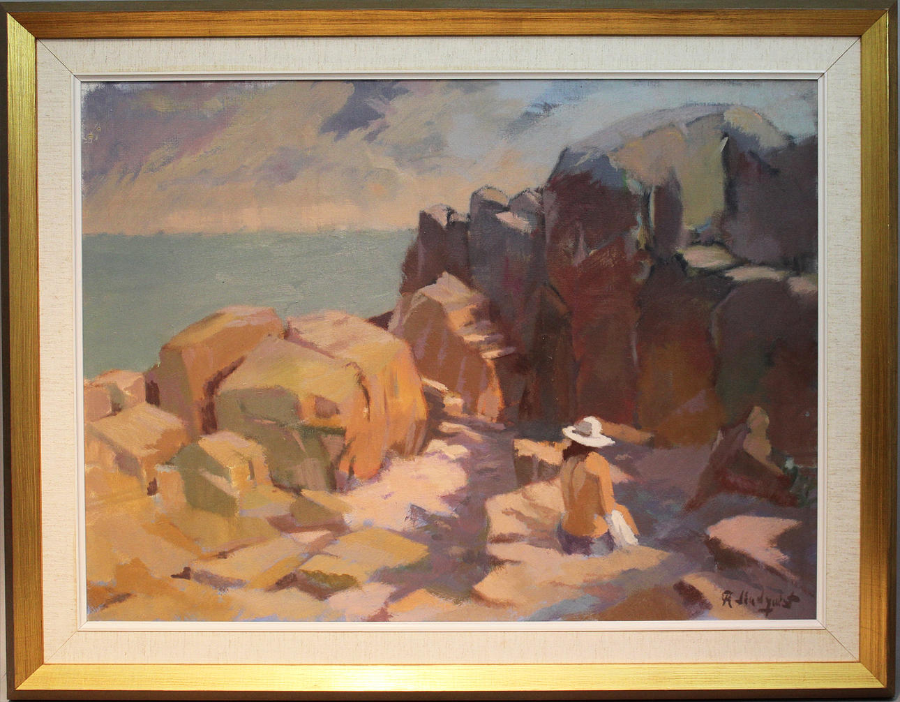 AXEL LINDQUIST. Solbaderska vid klippstrand. Olja på duk. Signerad A Lindquist.