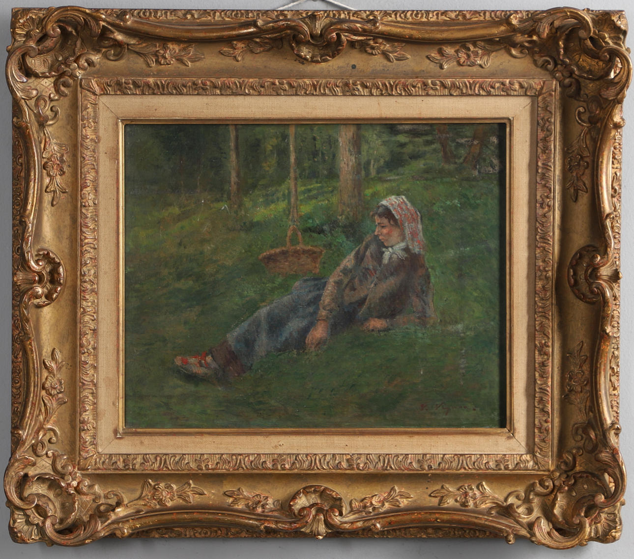 VICTOR VIGNON (1847-1909). LADY RESTING IN A WOODLAND SETTING, POSSIBLY GATHERING MUSHROOMS.