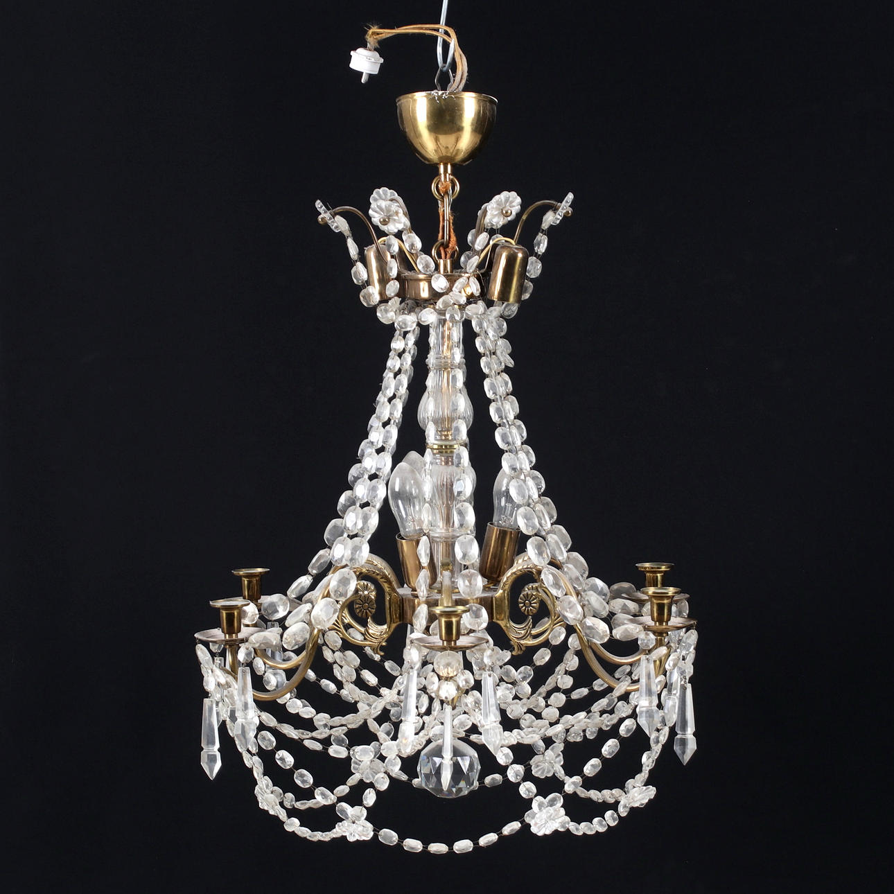 CHANDELIER, brass, prisms, 20th century.