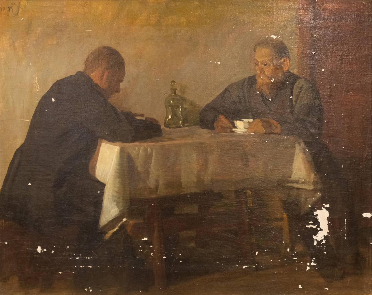 KNUD SINDING. OIL ON CANVAS. INTERIOR WITH TWO GENTLEMEN.