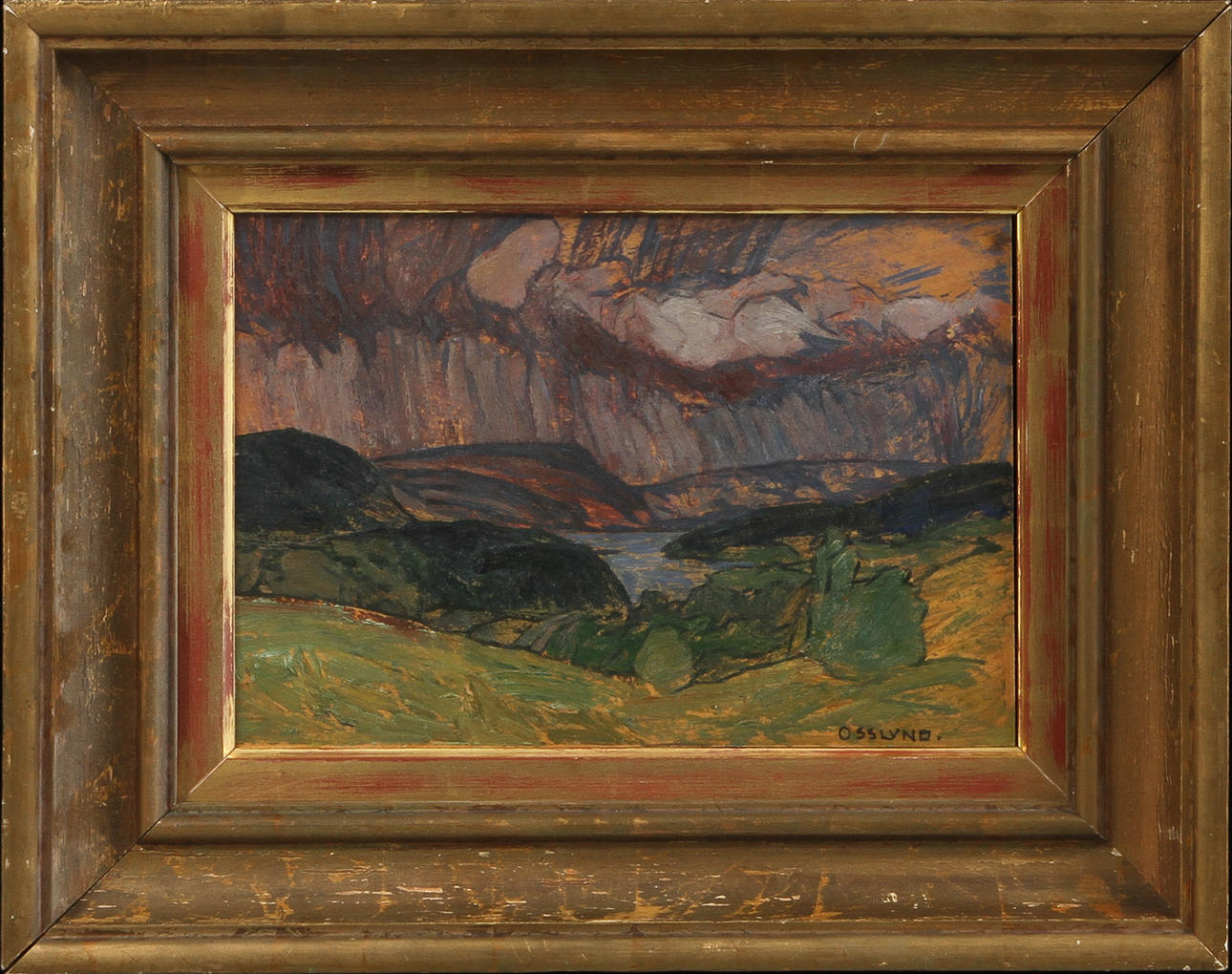 HELMER OSSLUND. Landskap, olja på smörpapper fäst på pannå, signerad.