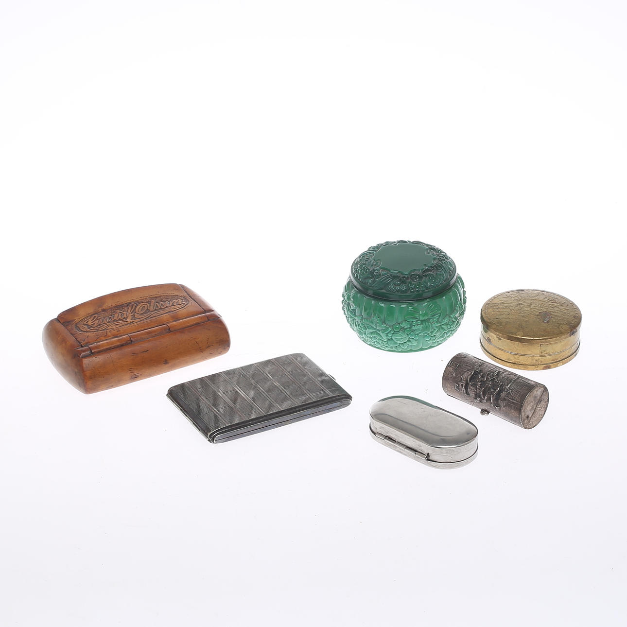 DOSOR, 6 st, trä, mässing, glas, stål och nysilver, 1800-/1900-tal.