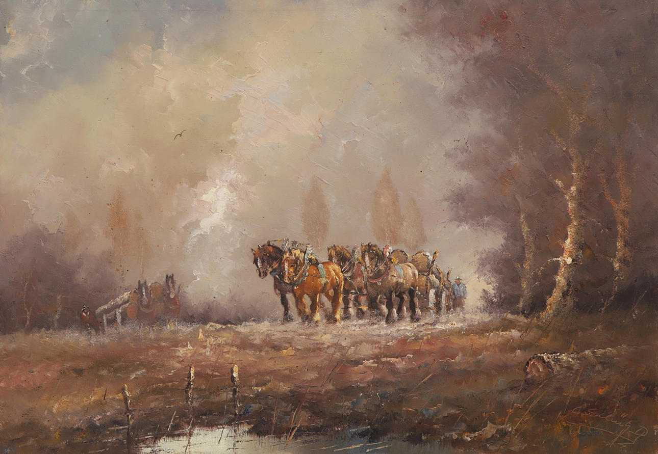 OIDENTIFIERAD KONSTNÄR. Oil on stretched canvas, "Hästspann", signed.