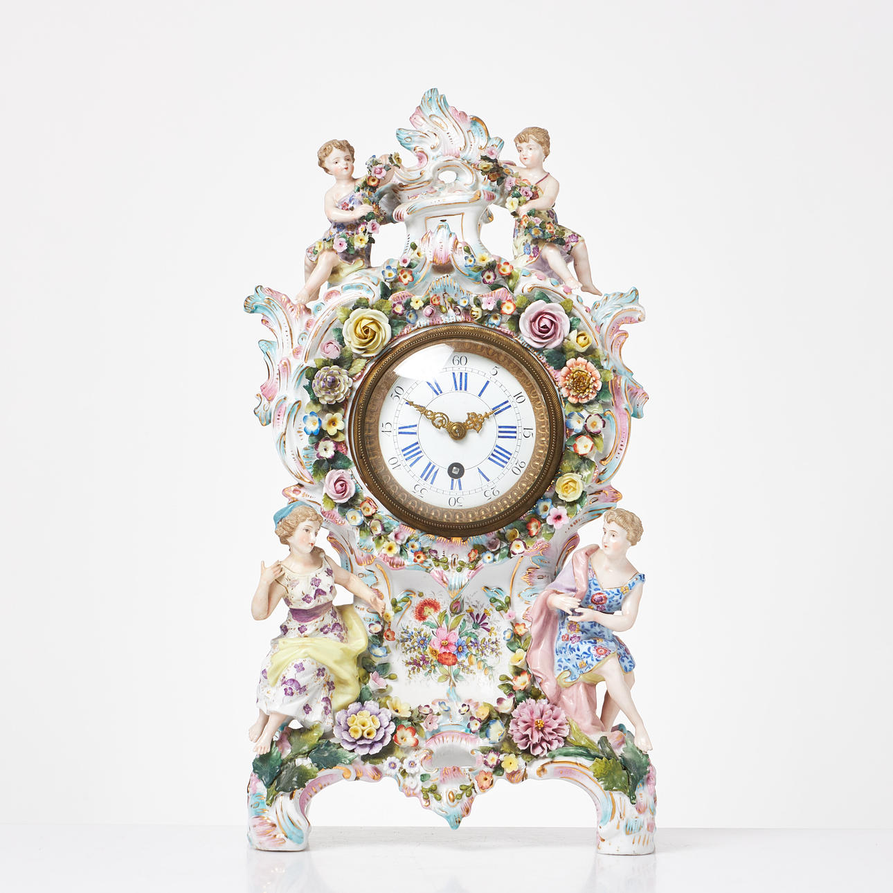 TABLE CLOCK. Movement marked A.U.G LENZKIRCH, Rococo style, porcelain, profusely decorated with plants and figurines, Germany, 19th/20th century.