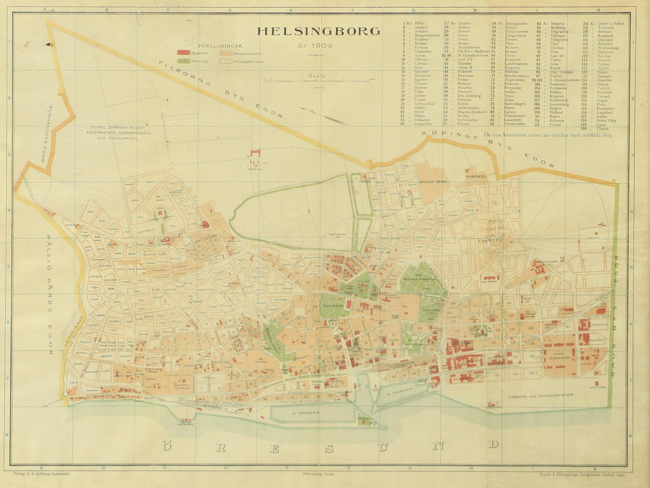 KARTA, Helsingborg, inramat tryck, 1909.